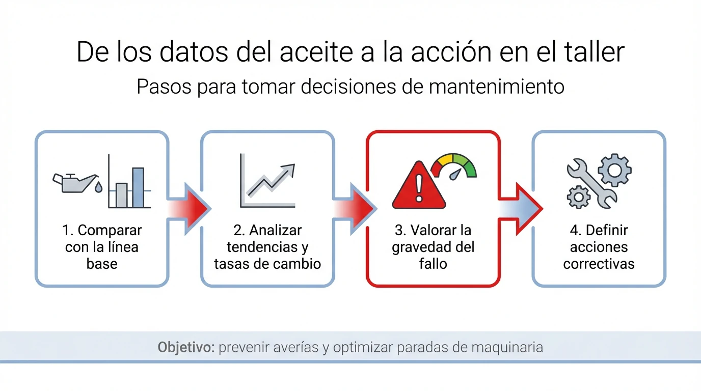 Diagrama de flujo con cuatro pasos desde la interpretación del análisis de aceite hasta las acciones de mantenimiento