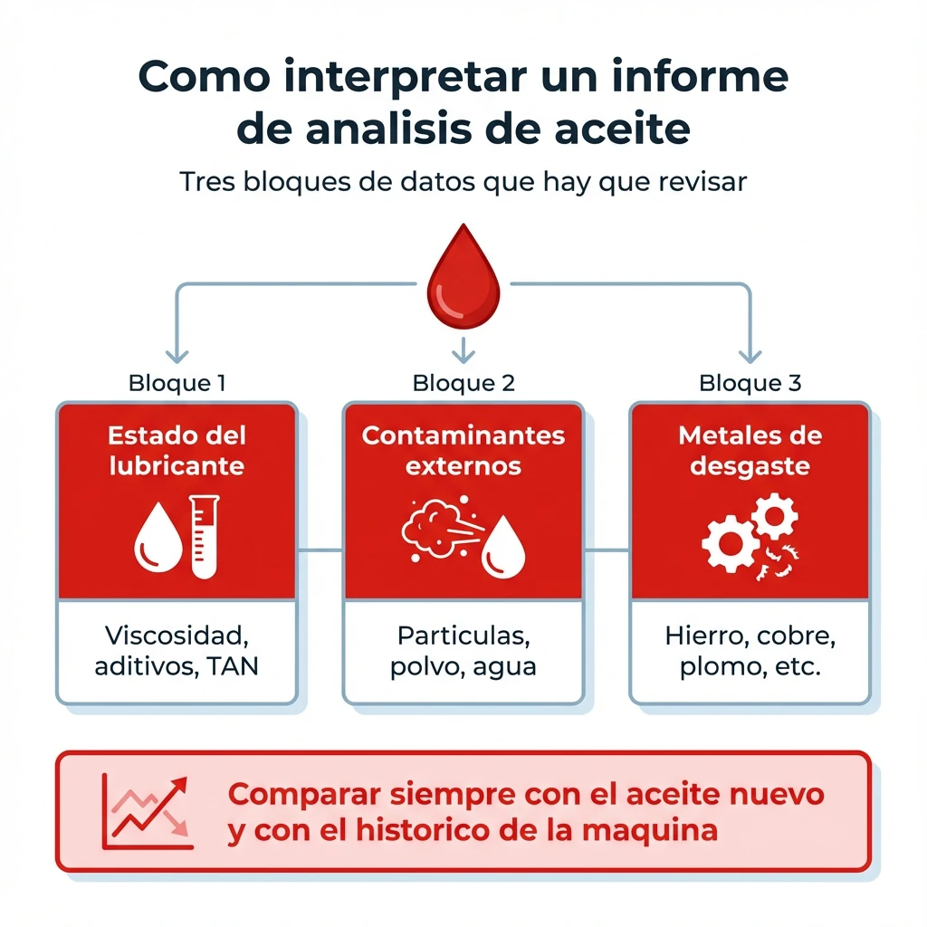 Diagrama de flujo con los tres bloques principales de un informe de analisis de aceite usado