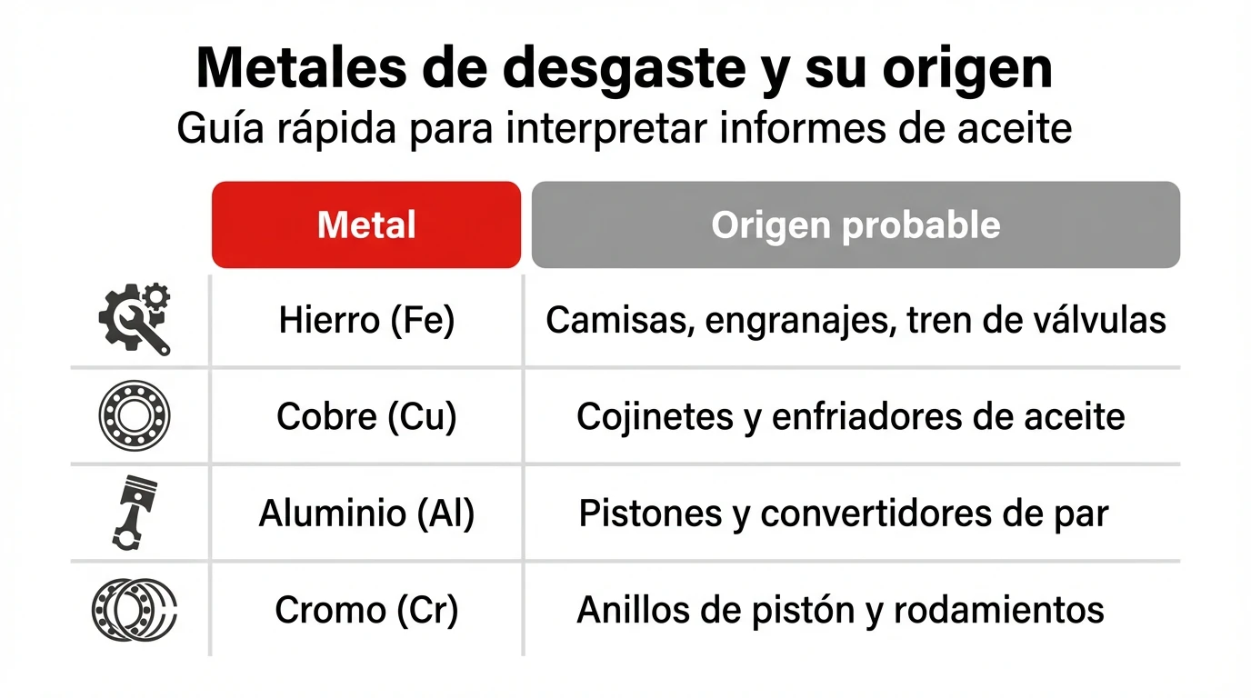 Diagrama en forma de tabla que relaciona distintos metales de desgaste con su origen probable en la maquinaria