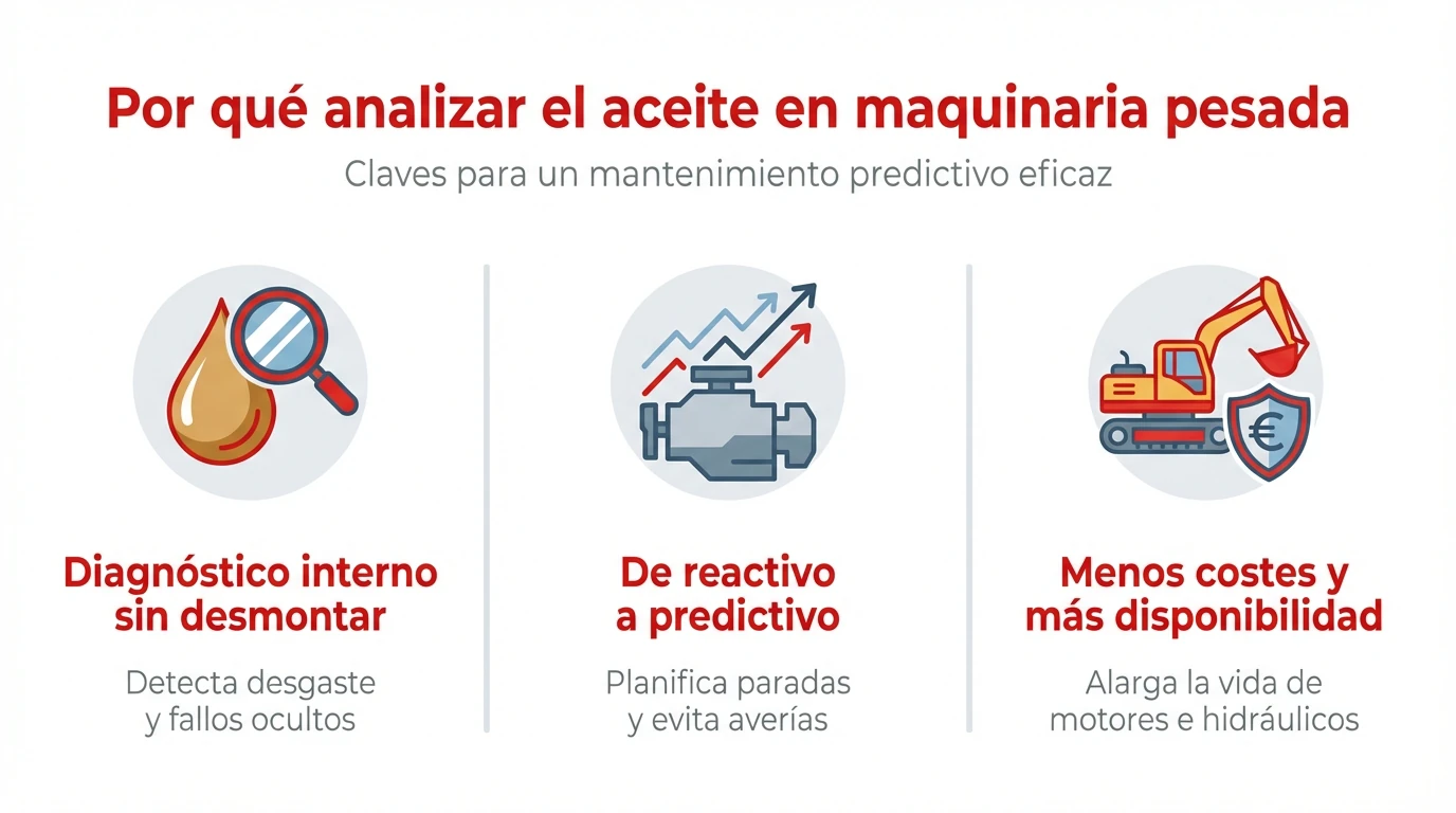 Infografía con tres columnas que resume los beneficios del análisis de aceite en maquinaria pesada