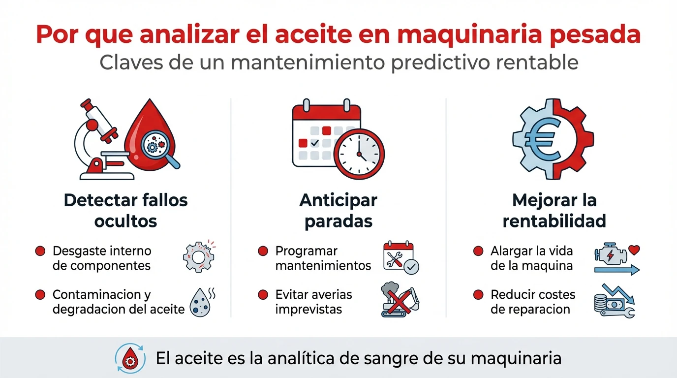 Infografia con tres columnas que resume por que es importante analizar el aceite en maquinaria pesada