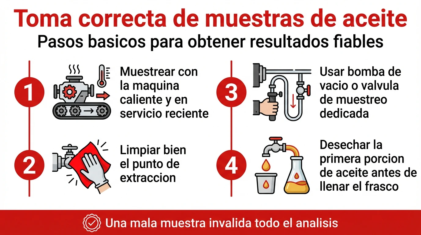 Infografia en formato checklist con los pasos para tomar una muestra de aceite de forma correcta
