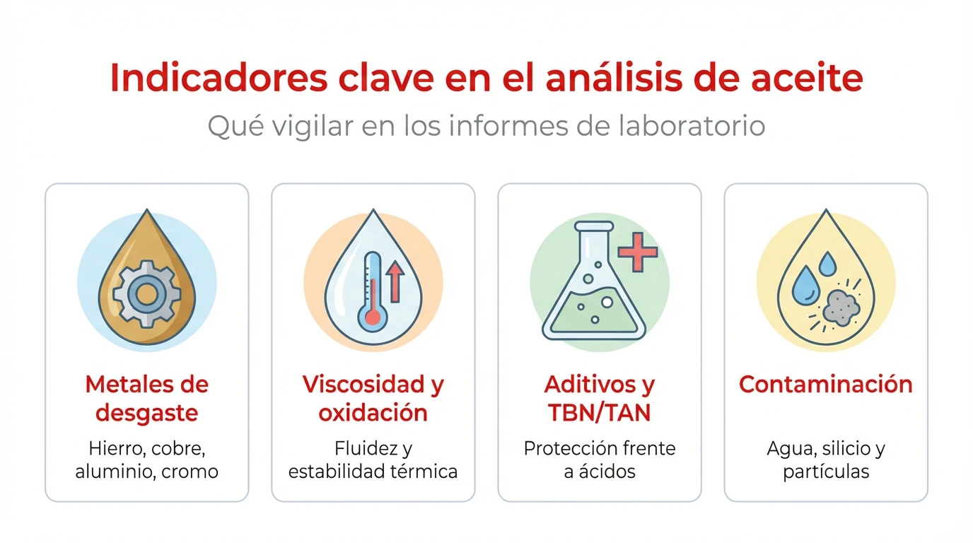Infografía que muestra cuatro bloques con los principales indicadores a revisar en un análisis de aceite