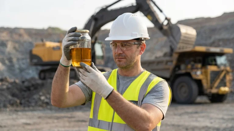 Ingeniero De Mantenimiento Revisando Una Muestra De Aceite Frente A Maquinaria Pesada En Una Cantera