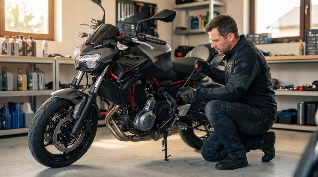 Motorista Revisando El Nivel De Aceite De Su Moto En Un Garaje Iluminado Durante Una Tarea De Mantenimiento