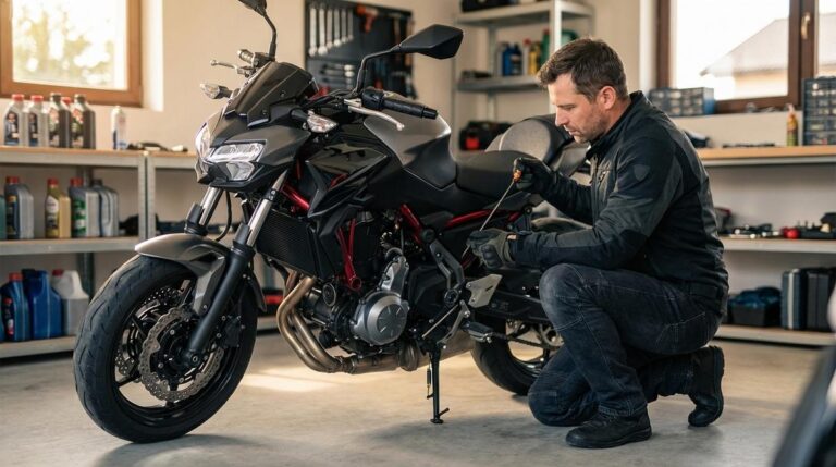 Motorista Revisando El Nivel De Aceite De Su Moto En Un Garaje Iluminado Durante Una Tarea De Mantenimiento