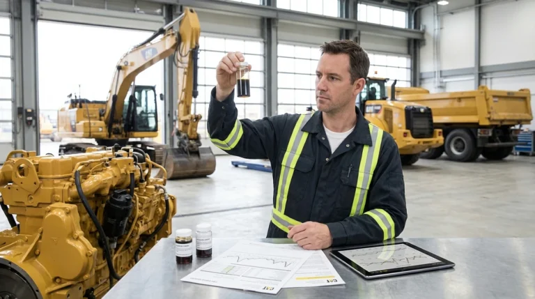 Tecnico De Mantenimiento Revisando Una Muestra De Aceite De Maquinaria Pesada En Un Taller Industrial Moderno