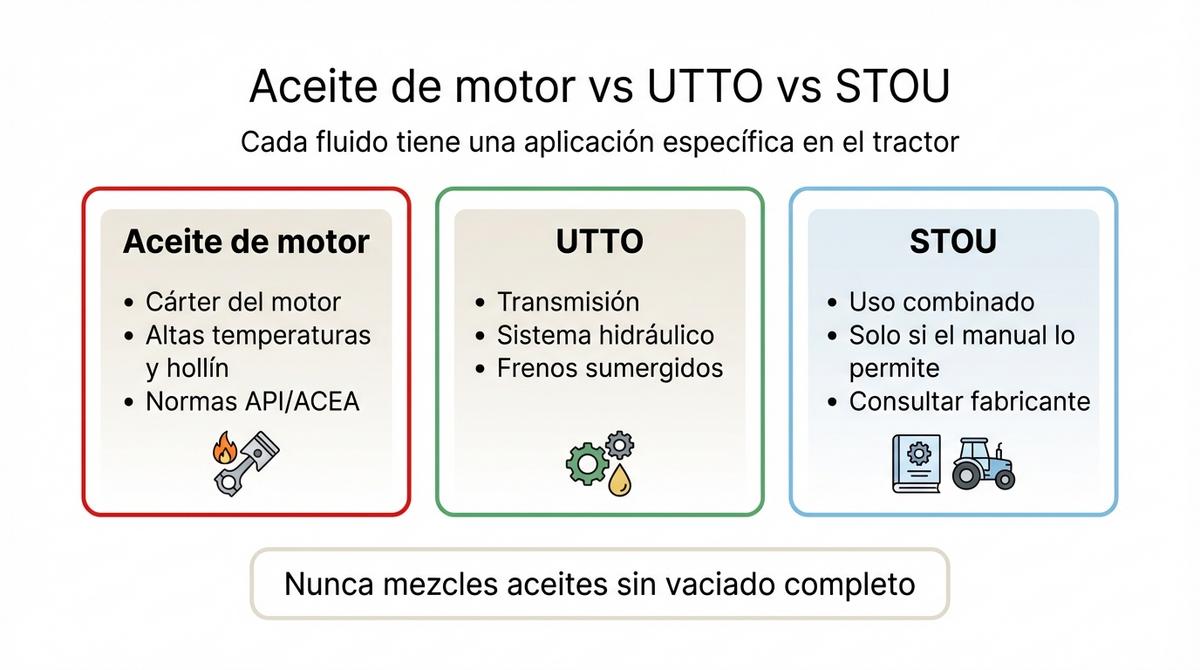 Diagrama comparativo entre aceite de motor, fluido UTTO y fluido STOU para tractor.