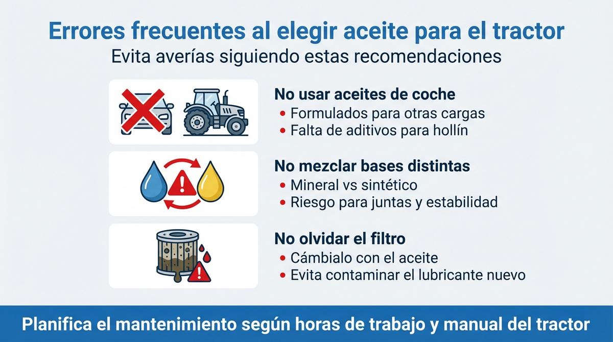 Diagrama con los errores más habituales al elegir y cambiar el aceite de un tractor.