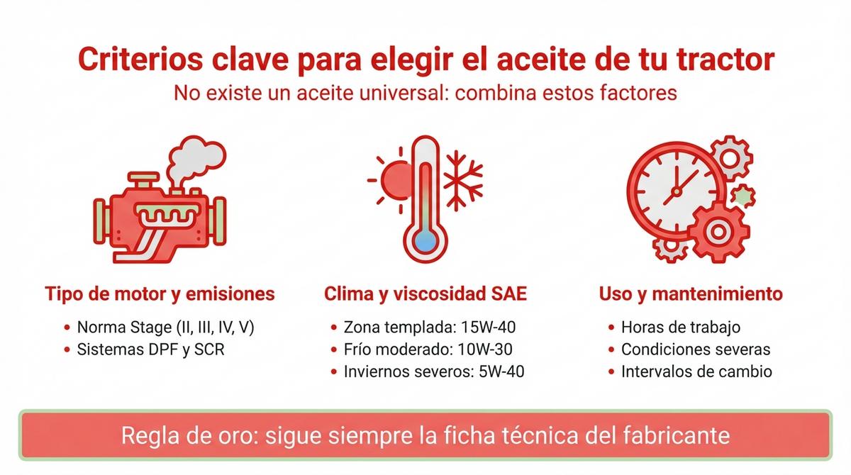 Infografía con los criterios clave para elegir el aceite adecuado de un tractor agrícola.