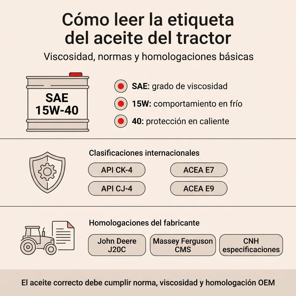 Infografía que explica cómo interpretar la viscosidad y las homologaciones en la etiqueta del aceite de un tractor.