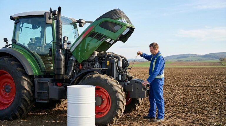 Mecanico Agricola Revisando El Aceite Del Motor De Un Tractor Moderno En Un Campo De Cultivo