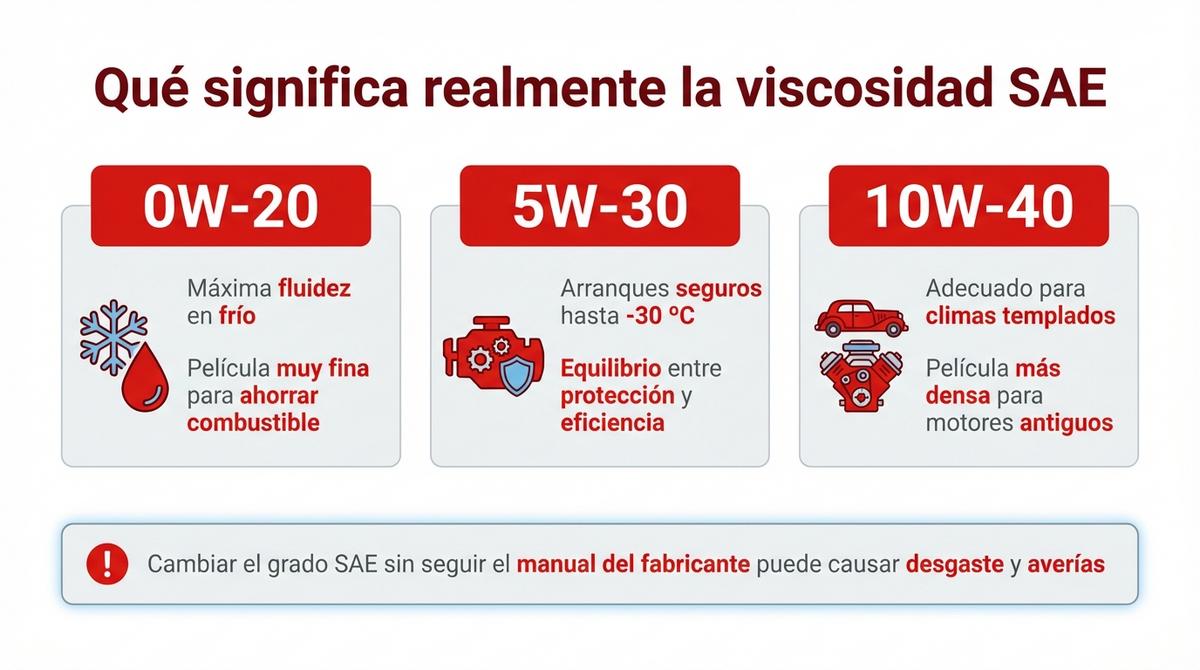 Infografía con una checklist de pasos para comprobar viscosidad, normas ACEA o API y homologación antes de elegir aceite de motor
