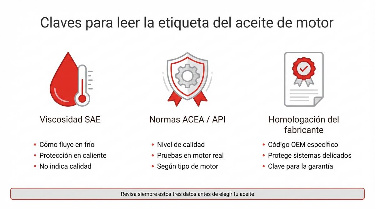 Infografía que resume los tres datos clave de la etiqueta del aceite de motor: viscosidad SAE, normas ACEA y API y homologación del fabricante