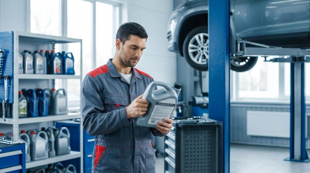 Mecanico Revisando La Etiqueta De Un Envase De Aceite De Motor En Un Taller Moderno Junto A Un Coche En Mantenimiento
