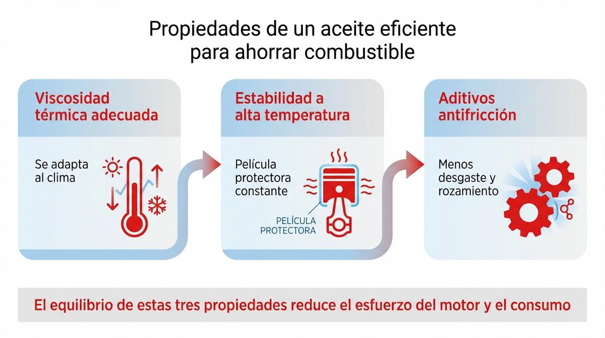 Diagrama que resume las principales propiedades de un aceite de motor eficiente para reducir el consumo.