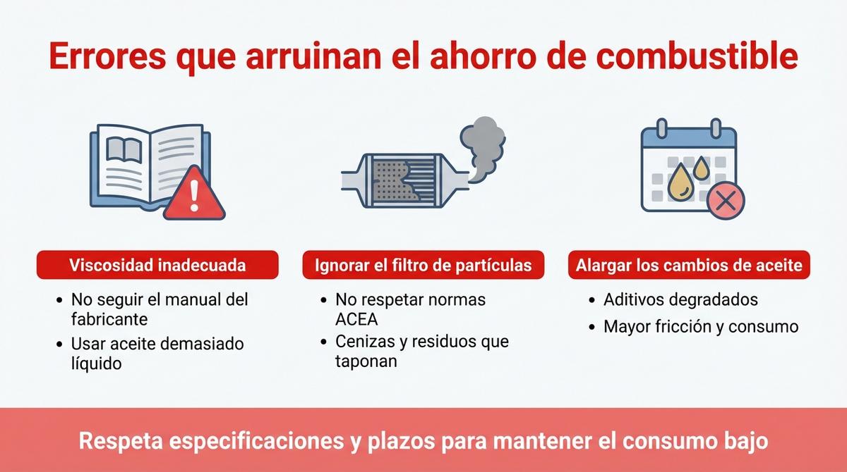 Diagrama tipo checklist con los principales errores al elegir aceite que aumentan el consumo de combustible.