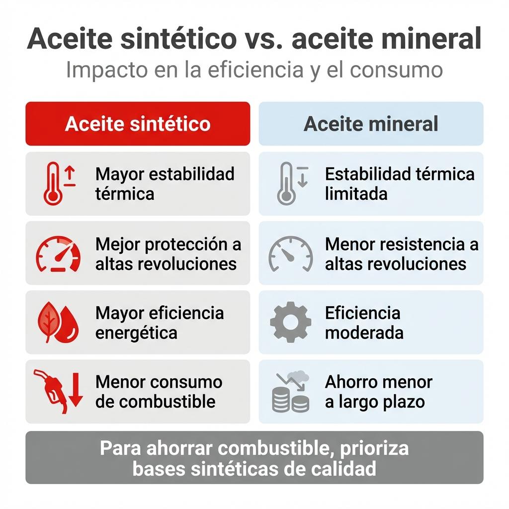 Infografía comparativa entre aceite sintético y aceite mineral en términos de eficiencia y consumo de combustible.