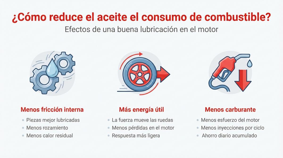 Infografía que explica cómo un buen aceite reduce el consumo de combustible al disminuir la fricción del motor.