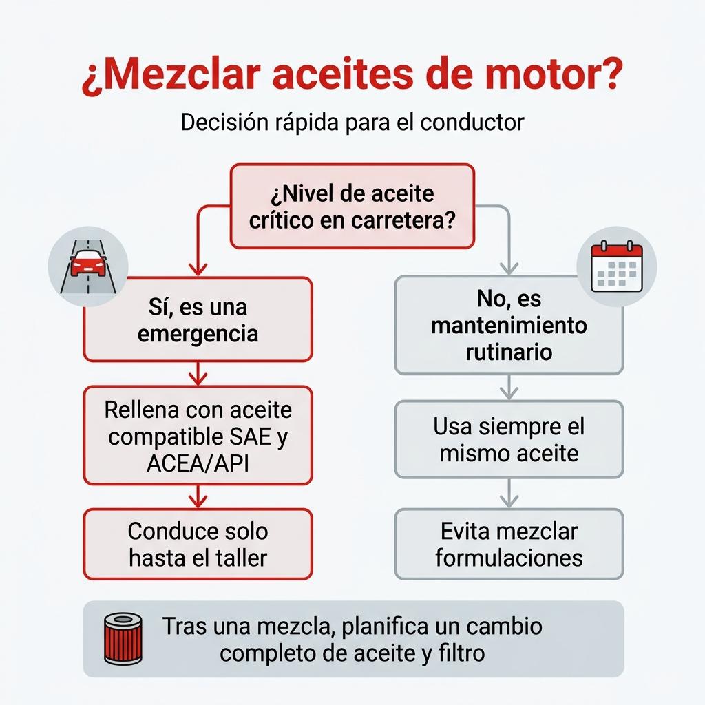 Diagrama de flujo que guía al conductor sobre cuándo es aceptable mezclar aceites de motor en caso de emergencia.