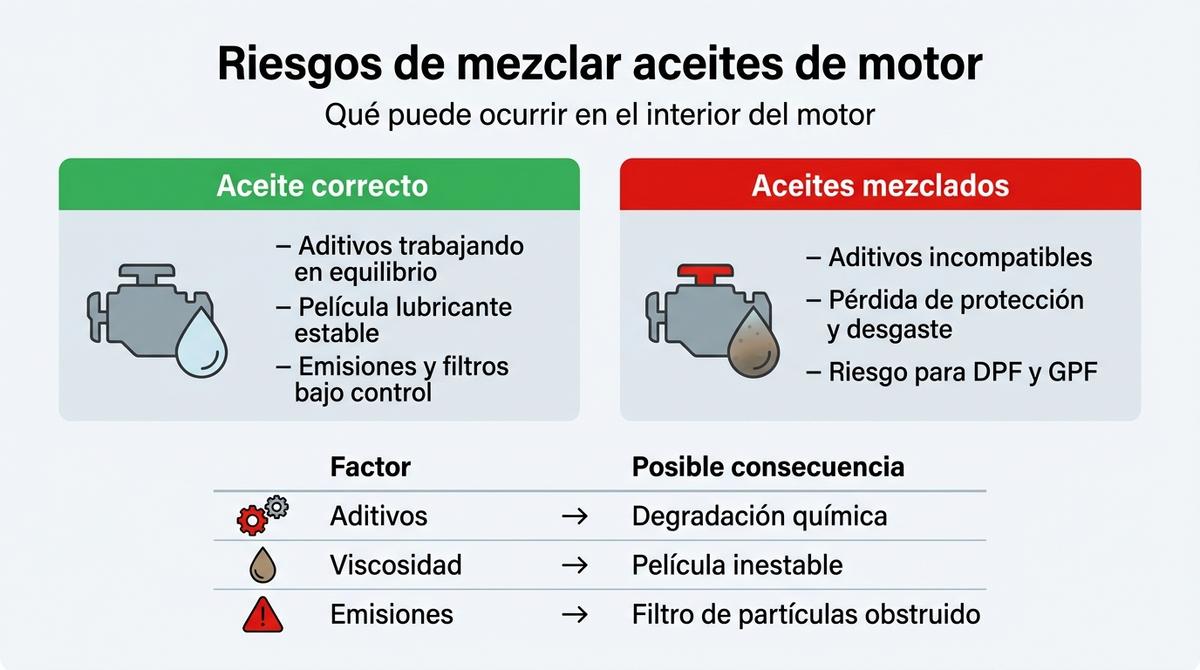 Infografía comparativa que muestra los riesgos técnicos de mezclar distintos aceites de motor.