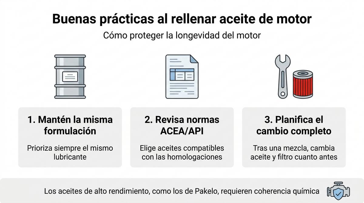 Infografía con tres buenas prácticas para rellenar el aceite de motor sin perjudicar el lubricante.