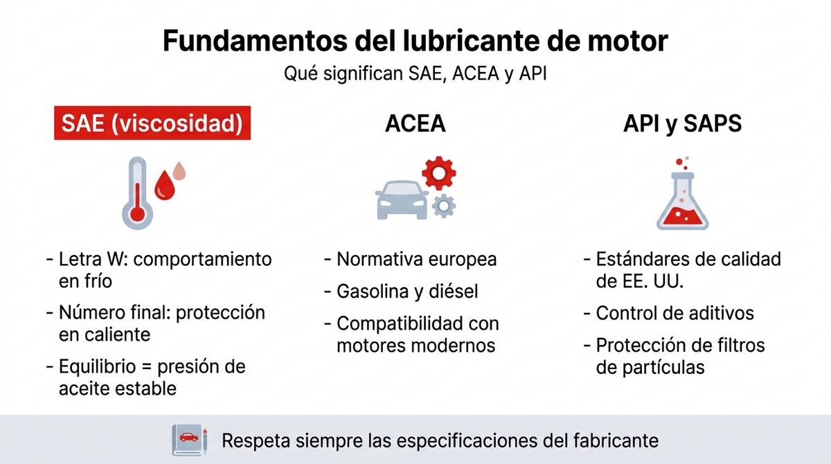 Infografía que explica los fundamentos del lubricante de motor y las normas SAE, ACEA, API y SAPS.