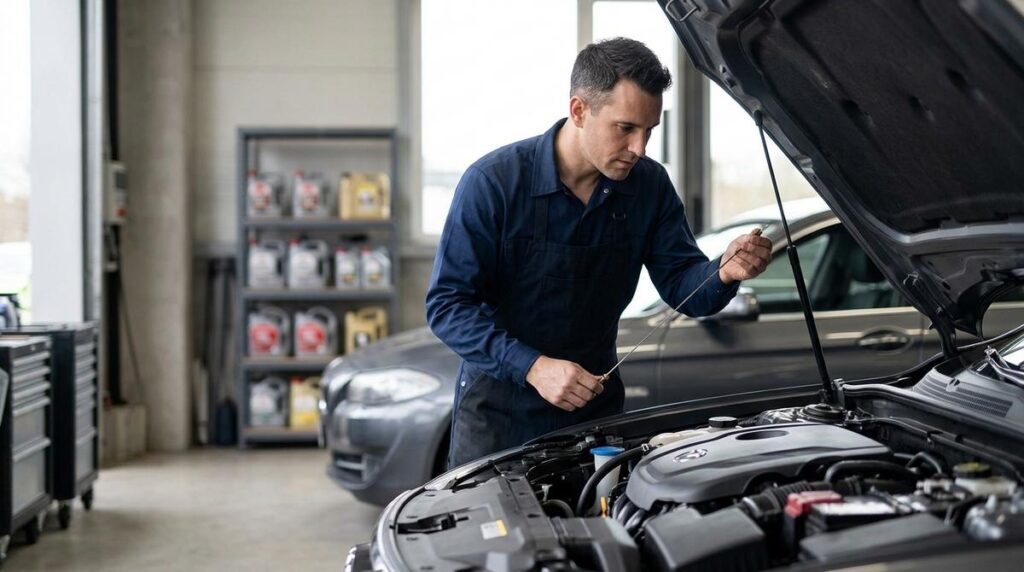 Mecanico Revisando El Nivel De Aceite Del Motor De Un Coche En Un Taller Moderno Con El Capo Abierto
