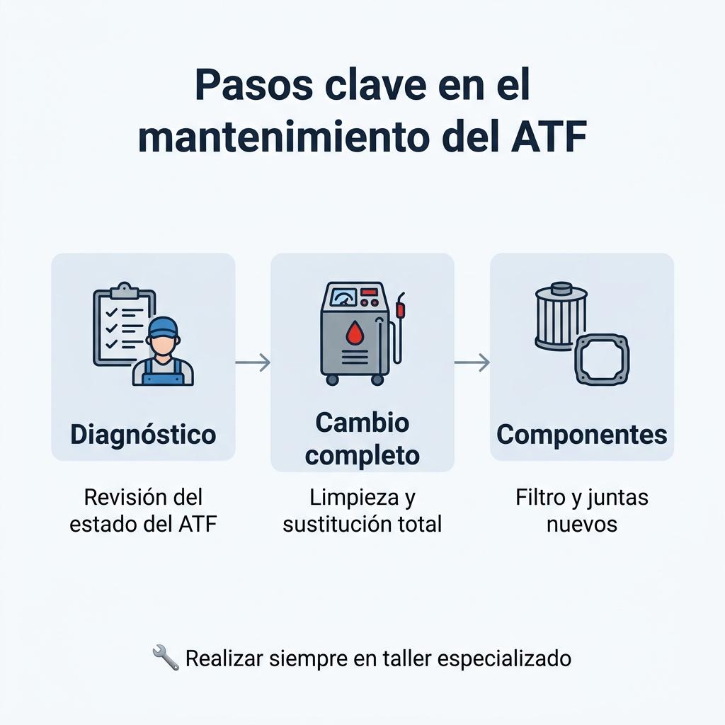 Diagrama de flujo con tres pasos principales para realizar correctamente el mantenimiento del aceite de transmisión automática.