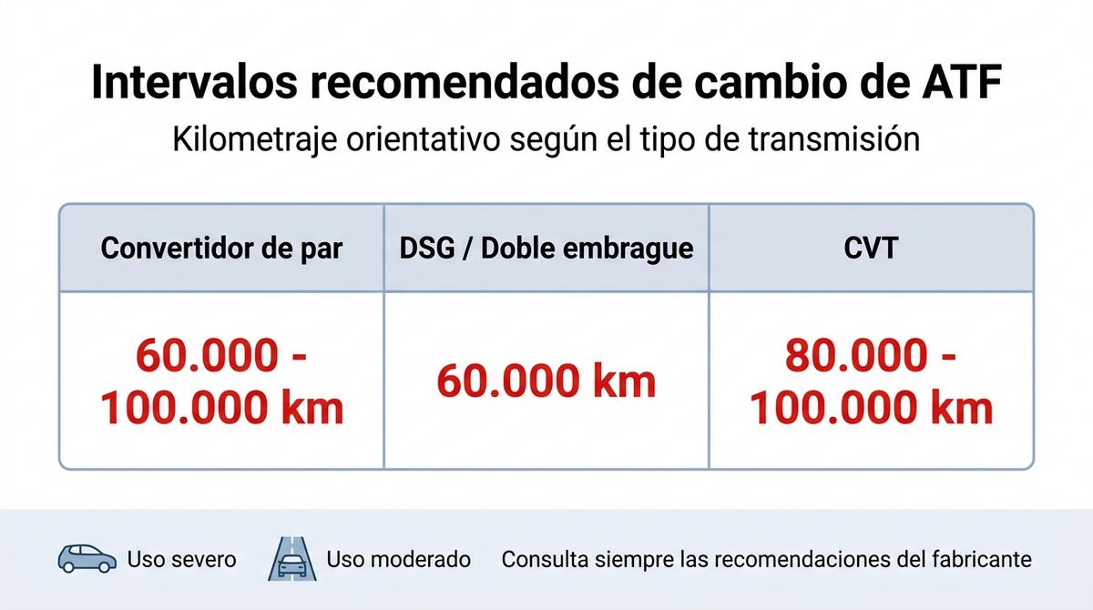 Infografía comparativa con los intervalos de cambio recomendados de ATF según el tipo de transmisión automática.