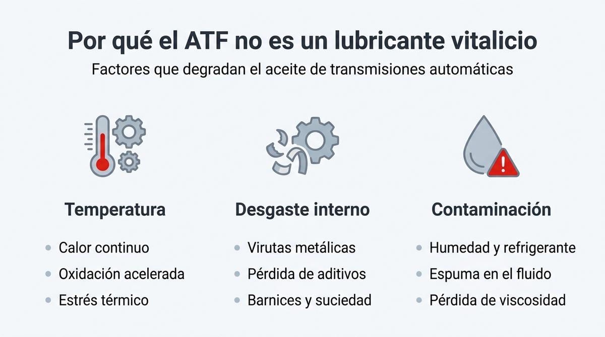 Infografía que resume las principales causas de degradación del aceite de transmisiones automáticas ATF.