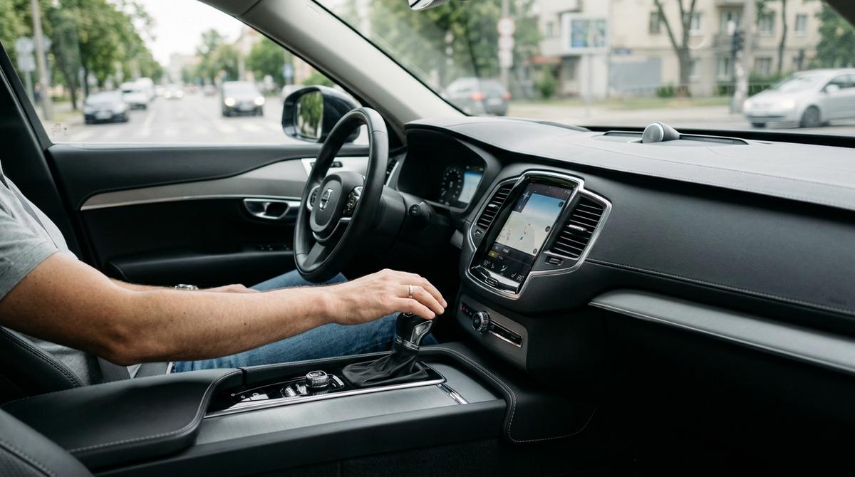 Interior de un coche moderno con cambio automático y la mano del conductor apoyada junto a la palanca.