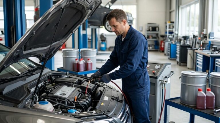 Mecanico Profesional Revisando El Sistema De Transmision Automatica De Un Coche Moderno Con Una Maquina De Mantenimiento De Atf En Un Taller Iluminado