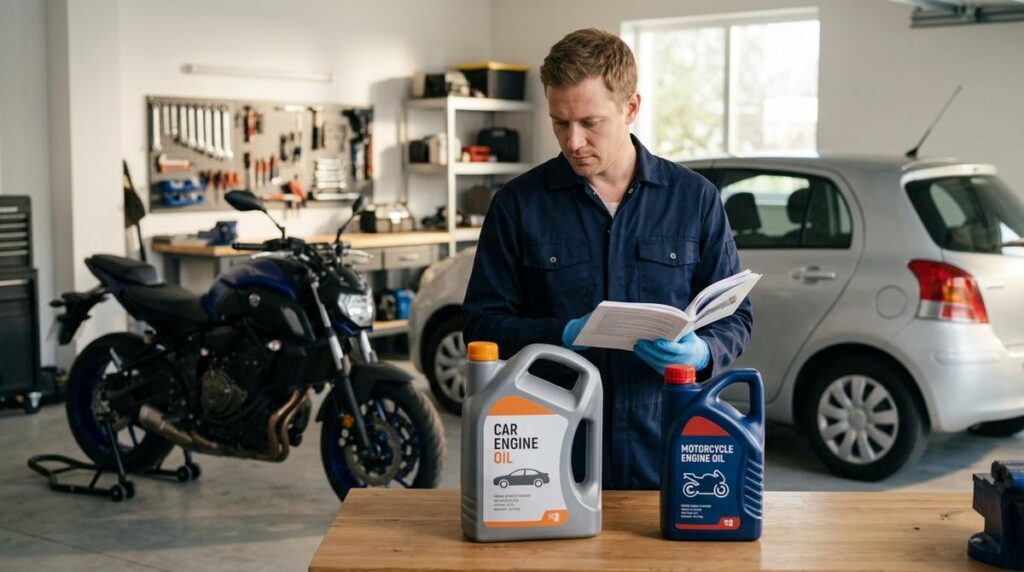 Aficionado A La Mecanica Comparando Un Aceite De Coche Y Un Aceite De Moto Sobre La Mesa De Un Garaje Junto A Su Motocicleta