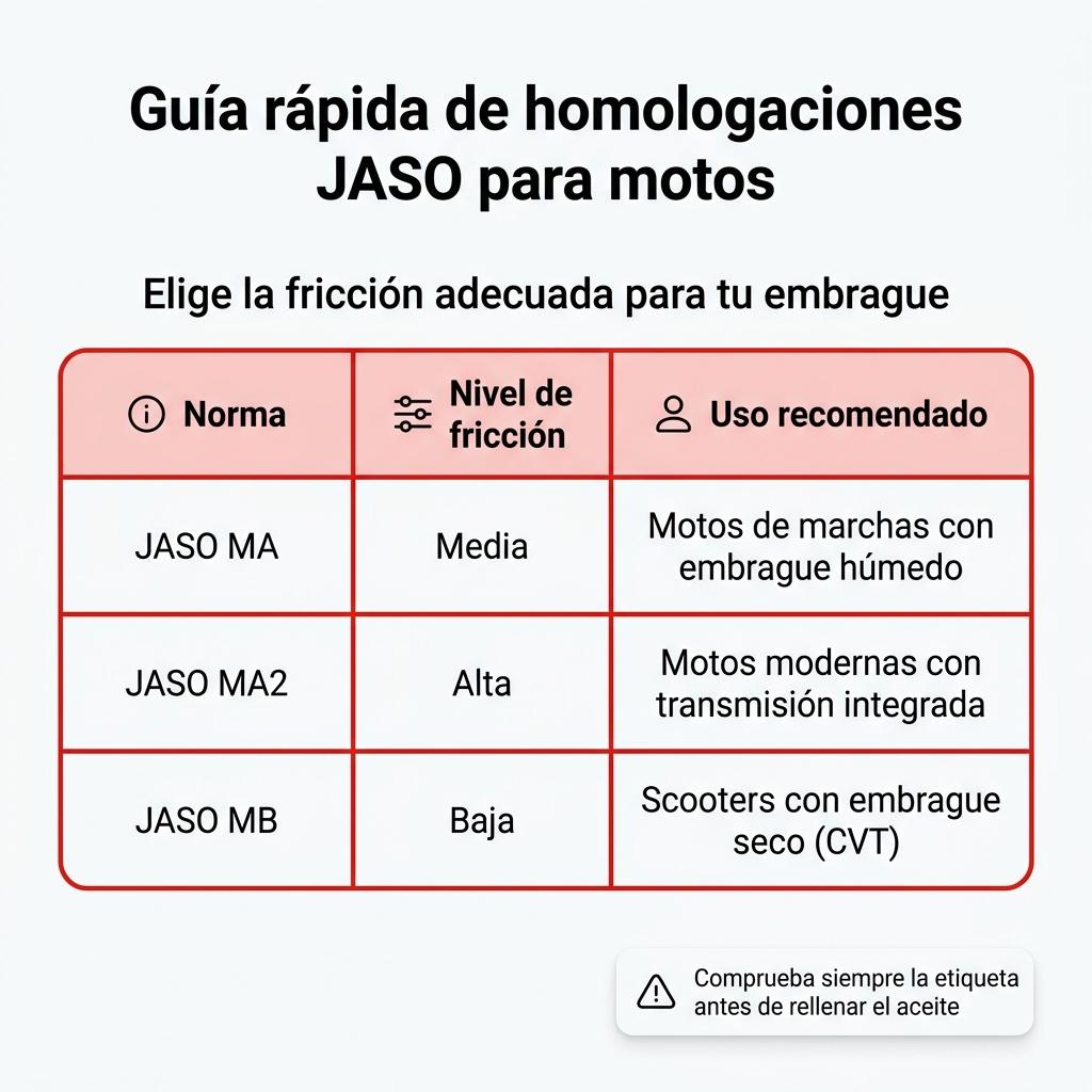 Diagrama en forma de tabla con las homologaciones JASO MA, MA2 y MB y sus usos recomendados