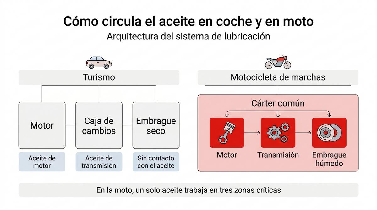 Diagrama que compara el recorrido del aceite en un coche y en una motocicleta de marchas