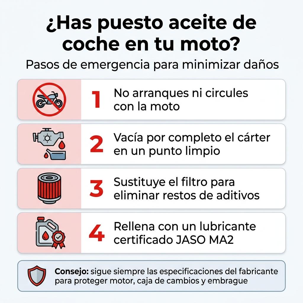 Infografía con los pasos a seguir si se ha puesto aceite de coche por error en una moto