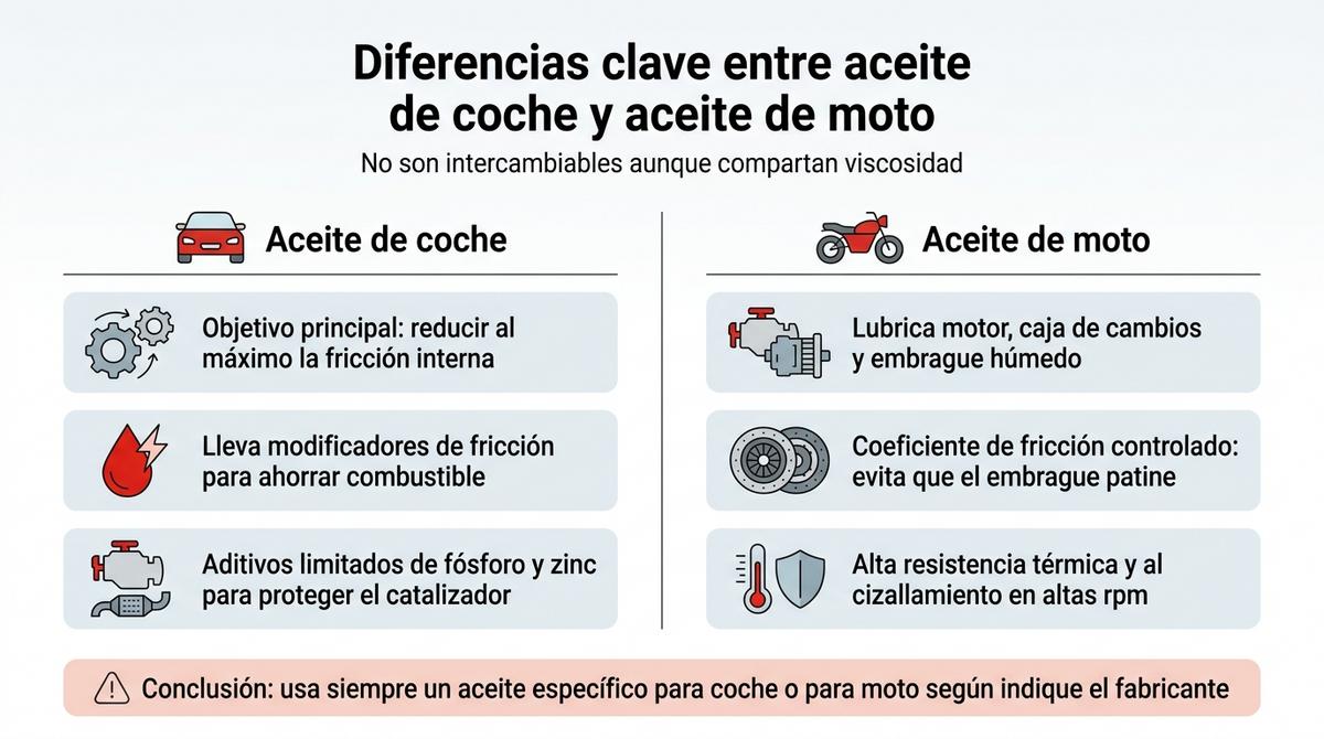Infografía que compara las diferencias principales entre aceite de coche y aceite de moto