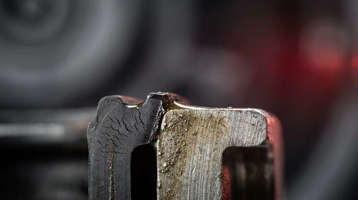 Fotografía macro de desgaste por fricción y degradación de junta de elastómero hidráulica.