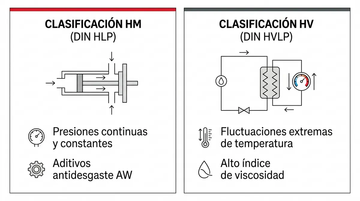 Diagrama técnico de clasificaciones de fluidos hidráulicos HM y HV.