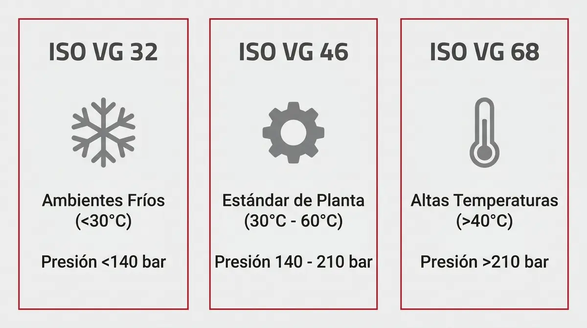 Tabla comparativa de grados de viscosidad ISO VG 32, 46 y 68 para aceites hidráulicos.