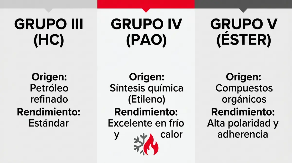 Infografía técnica comparativa de las bases lubricantes API del Grupo III, Grupo IV PAO y Grupo V Éster.