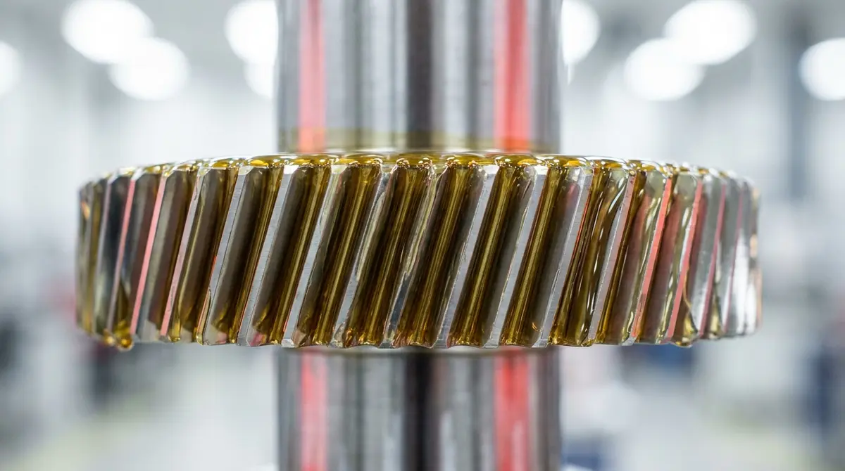 Fotografía macro de la película de aceite lubricante con éster adherida perfectamente a un engranaje metálico pulido.