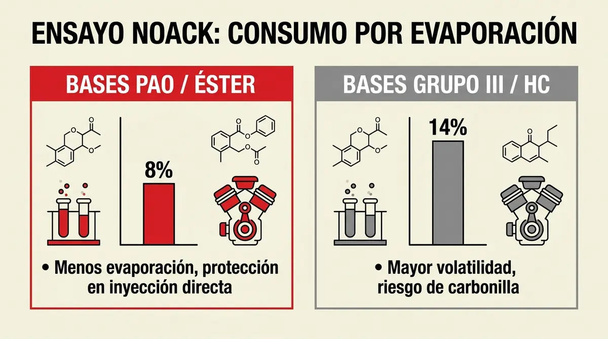 Gráfico comparativo del ensayo de volatilidad Noack entre aceites sintéticos premium PAO y aceites hidrocraqueados de Grupo III.