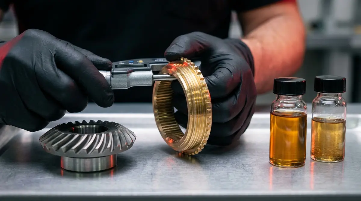 Medición de tolerancia en anillo sincronizador de bronce con micrómetro en taller mecánico