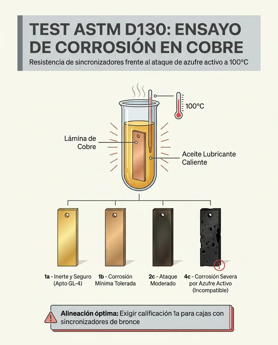 Escala del ensayo de corrosión en cobre ASTM D130 para evaluar lubricantes en sincronizadores de bronce