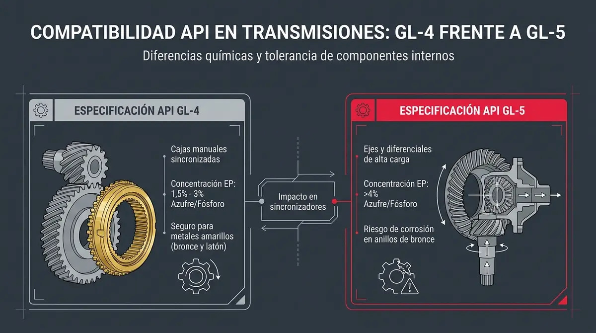 Infografía técnica comparativa de especificaciones API GL-4 y GL-5 en cajas manuales y diferenciales hipoides